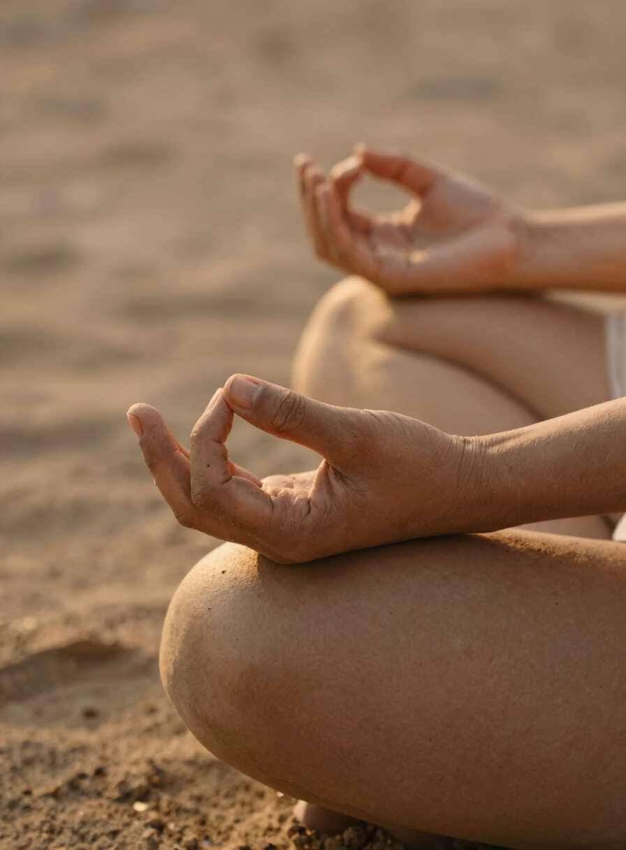 Close-up of hands in a mudra gesture resting on knees, soft golden hour side-lighting, warm earth tones, shallow depth of field