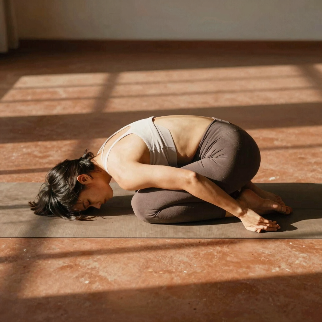 A solitary practitioner in a gentle, grounded yoga pose on a terracotta floor, soft morning light casting natural window shadows, warm earth tones.