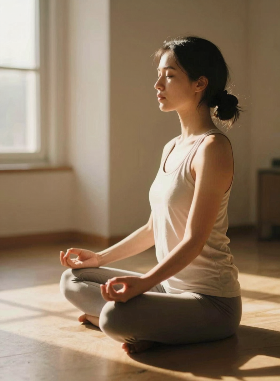 A solitary practitioner sitting in a gentle mudra pose, warm golden-hour side-lighting, natural window shadows, shallow depth of field, 35mm film