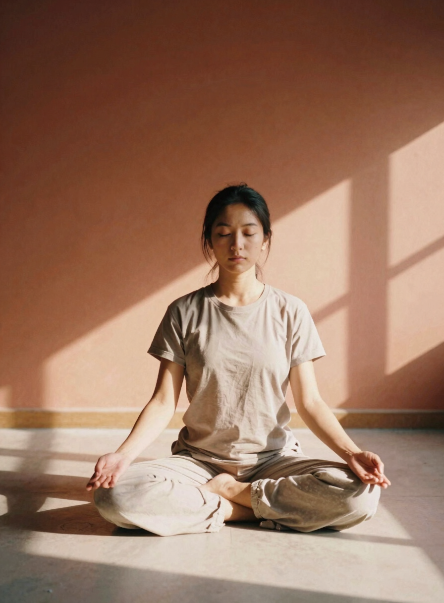 A solitary practitioner sitting in a gentle, grounded meditation pose in a warm terracotta room, soft side-lighting casting natural window shadows, 35mm film style