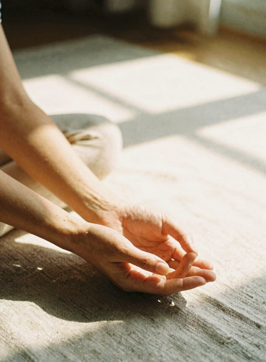 A close-up of hands resting in a mudra on linen fabric, warm golden-hour side-lighting, natural window shadows, shallow depth of field, 35mm film.